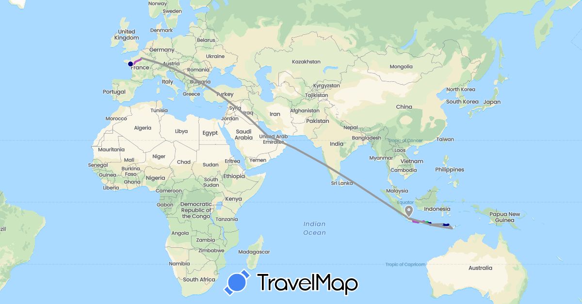 TravelMap itinerary: driving, bus, plane, train, boat in France, Indonesia, Qatar (Asia, Europe)