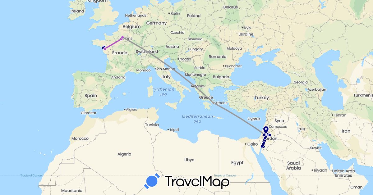 TravelMap itinerary: driving, plane, train in France, Greece, Jordan (Asia, Europe)
